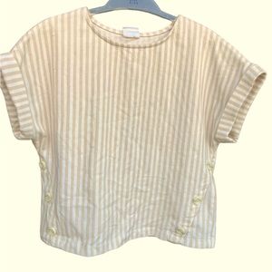 ZARA Girls Striped Short Sleeve Top Side Buttons Size 13-14 Khaki Beige White